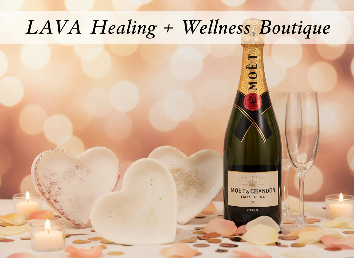 Champagne bottle with heart-shaped holder and rose petals 